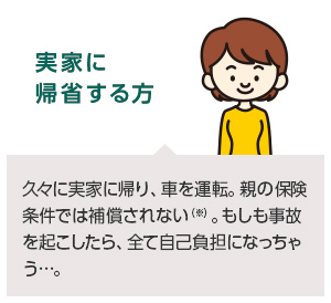 実家に帰省する方：久々に実家に帰り、車を運転。親の保険条件では補償されない（※）。もしも事故を起こしたら、全て自己負担になっちゃう…。