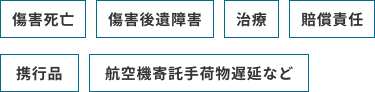傷害死亡 傷害後遺障害、治療、賠償責任、携行品、航空機寄託手荷物遅延など