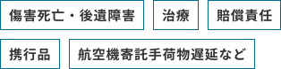 傷害死亡・後遺障害、治療、賠償責任、携行品、航空機寄託手荷物遅延など
