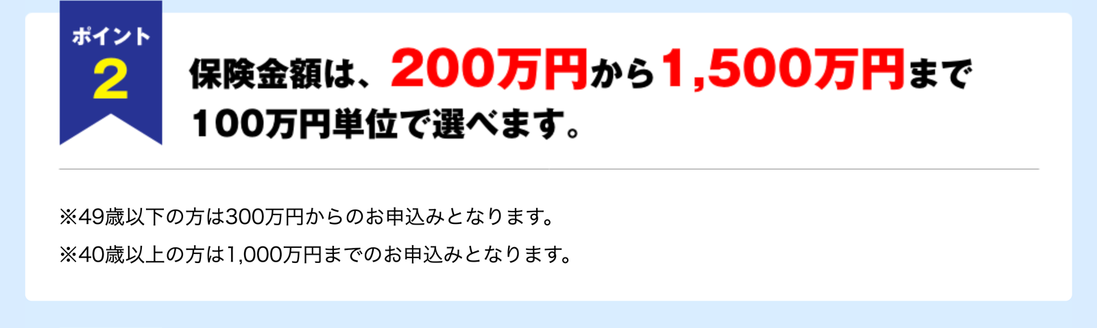 ポイント2 保険金額は、200万円から1,500万円まで100万円単位で選べます。